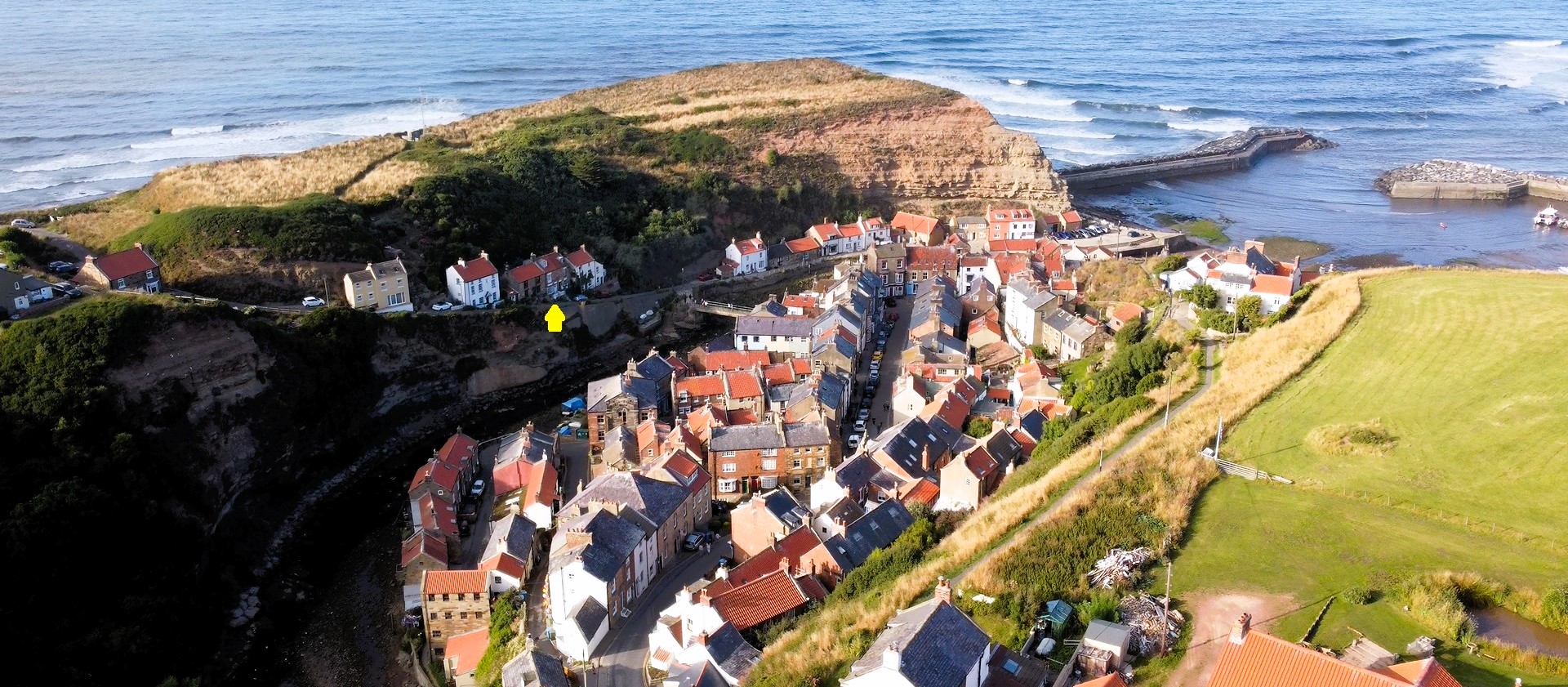 Staithes drone view pinpointing Sea Haven